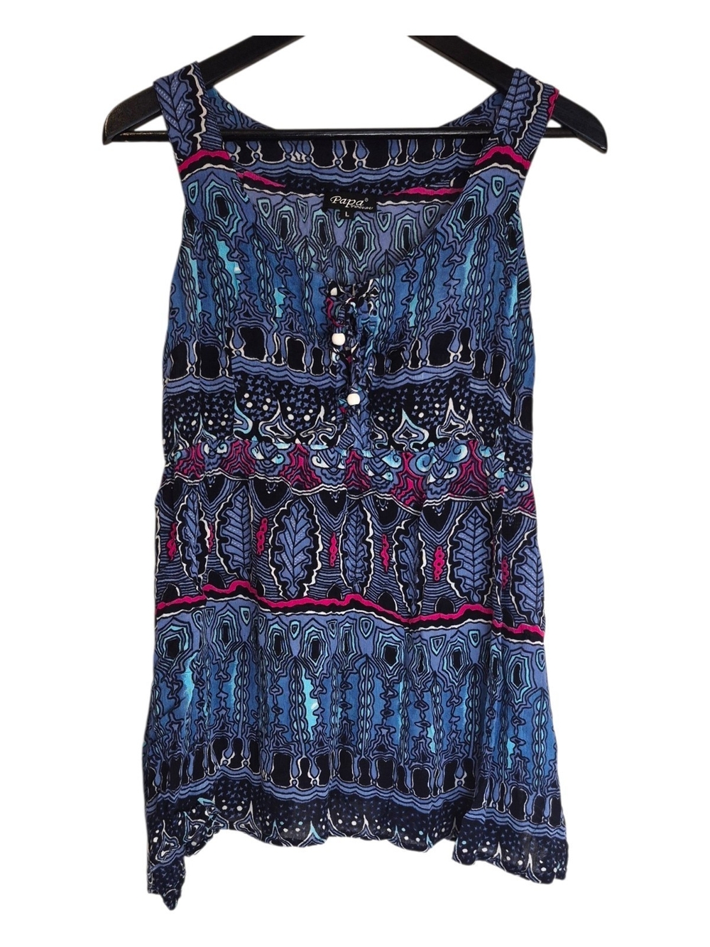 PAPA Vancouver Blue Boho Psychedelic Pattern Tunic Top Size Large